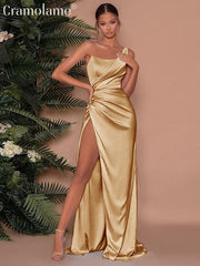 One Shoulder Satin Ruched Prom Dress Women Backless Split Elegant Formal Wedding Guest Fashion