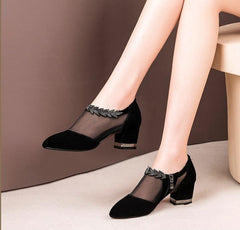 Mesh Pointed Toe Med Heel Shoes Women Breathable Thick Heel Zipper Casual Fashion