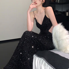 Sequined Backless Maxi Dress Women Floor Length Hollow Out Elegant Evening Party Fashion