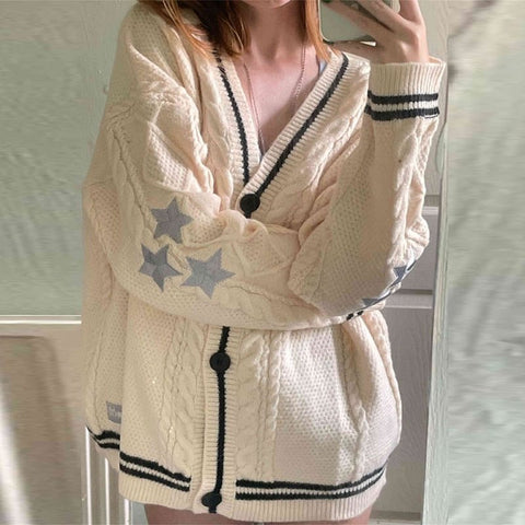 Star Printed Knitted Cardigan Women V-Neck Long Sleeve Casual Elegant Winter Fashion Sweater