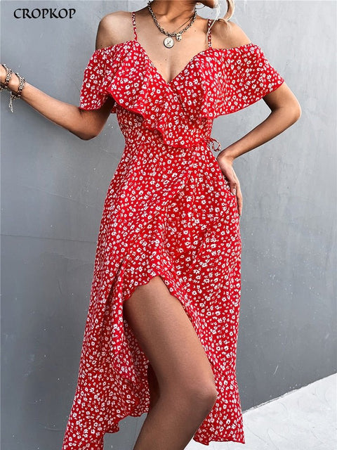 Off Shoulder Floral Print Midi Dress Women Backless Ruffle Slit Irregular Hem Elegant Summer