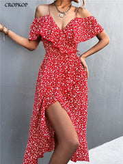 Off Shoulder Floral Print Midi Dress Women Backless Ruffle Slit Irregular Hem Elegant Summer