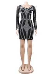 Rhinestone Sheer Mesh Bodycon Dress Women Elegant Club Party Casual Fashion Dress