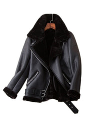 Faux Leather Jacket Women Sheepskin Fur Collar Sleeve Warm Chic Winter Casual Outerwear
