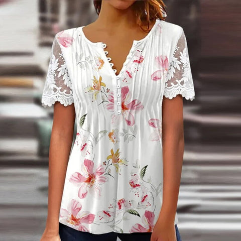 Floral Print Lace Top Women's Patchwork Embroidered Mesh Short Sleeve Blouse