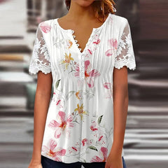 Floral Print Lace Top Women's Patchwork Embroidered Mesh Short Sleeve Blouse