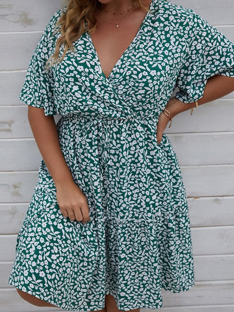 Plus Size Floral Print Casual Dress Women V-Neck Short Sleeve Summer Beach Vacation Fashion