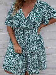 Plus Size Floral Print Casual Dress Women V-Neck Short Sleeve Summer Beach Vacation Fashion