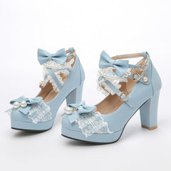 Pearl Bow Cross Strap High Heel Shoes Women Japanese Lace Chunky Casual Fashion
