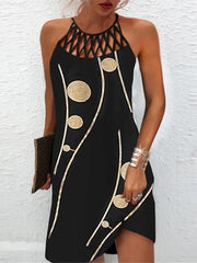 Plus Size Hollow Out Vintage Print Mini Dress Women Sleeveless Round Neck Casual Summer Fashion