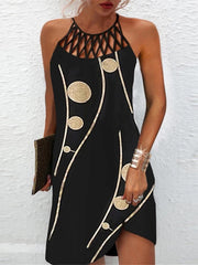 Plus Size Hollow Out Vintage Print Mini Dress Women Sleeveless Round Neck Casual Summer Fashion