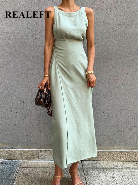 Sleeveless Cotton Blend Maxi Dress Women Vintage Long Sash Casual Beach Vacation Summer Fashion