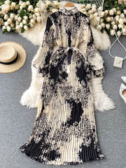 Stand-Up Collar Pleated Maxi Dress Women Retro Printed Long Casual Elegant Fashion Dress