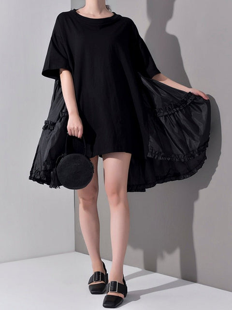 Half Sleeve Maxi Dress Women Pleated Split Joint Loose Round Neck Oversized Casual Fashion