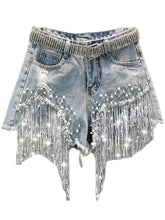 Elegant Wide Leg Denim Shorts Tassel Beading High Waist Casual Women's Shorts