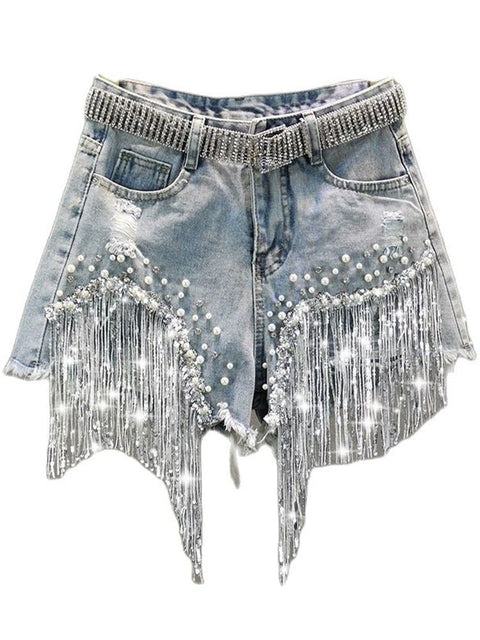High Waist Wide Leg Denim Shorts Women Tassel Beading Elegant Casual Summer Fashion
