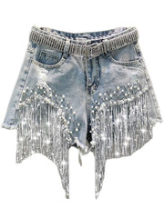 High Waist Wide Leg Denim Shorts Women Tassel Beading Elegant Casual Summer Fashion