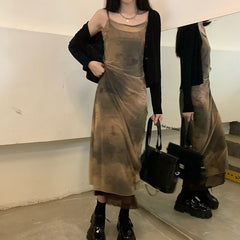 Tie Dye Mesh Midi Dress Women Vintage Spaghetti Strap Printed Casual Elegant Fashion Dress