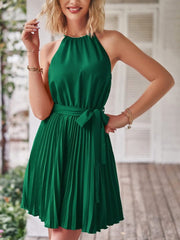 Halter Neck Pleated Midi Dress Women Belt Casual Elegant Beach Vacation Summer Fashion