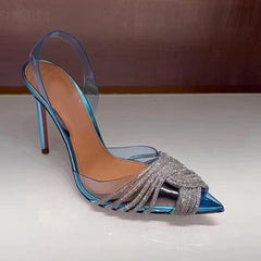 Clear PVC Slingback Women's Sandals Cross Crystal Pointed Toe Stiletto Heel Pumps Shoes