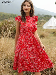 Floral Print Chiffon Sundress Women Butterfly Sleeve A-Line Ruffle Casual Beach Vacation Summer