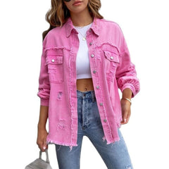 Oversized Distressed Denim Jacket Women Raw Edge Casual Spring Autumn Jean Coat Outerwear Fashion