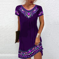 Floral Print Summer Dress Women Short Sleeve Round Neck Casual Beach Vacation Fashion Dress