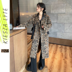 Snake Print PU Vegan Midi Coat Women Brown Spliced Elegant Casual Outerwear Fashion