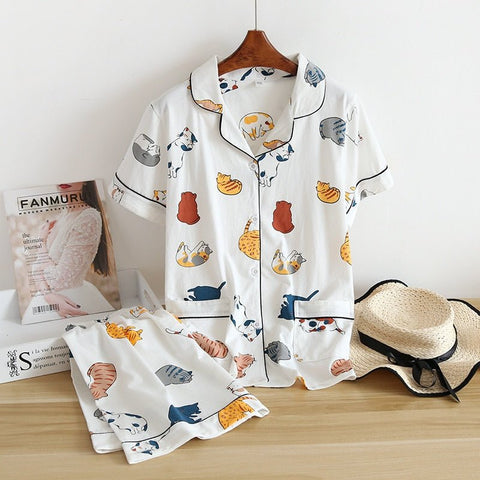 Cartoon Print Pajama Set Women Short Sleeve Top Shorts Casual Loungewear Sleepwear Fashion