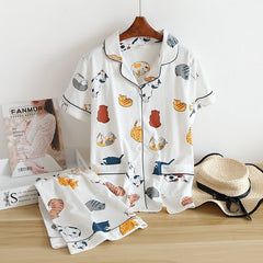 Cartoon Print Pajama Set Women Short Sleeve Top Shorts Casual Loungewear Sleepwear Fashion