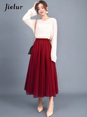 High Waist Asymmetric Tulle Midi Skirt Women French Mesh Pleated Elegant Loose Fashion