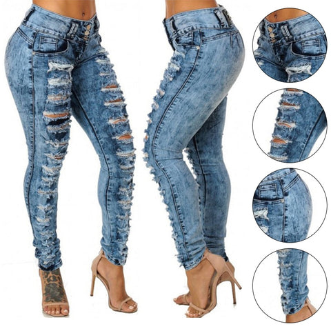 High Waist Ripped Distressed Pencil Jeans Women Blue Casual Denim Fashion Trousers