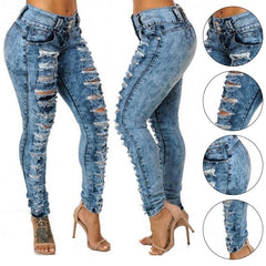 High Waist Ripped Distressed Pencil Jeans Women Blue Casual Denim Fashion Trousers