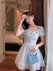 Floral Lace Korean Style Mini Dress Women Casual Elegant Summer Beach Vacation Fashion