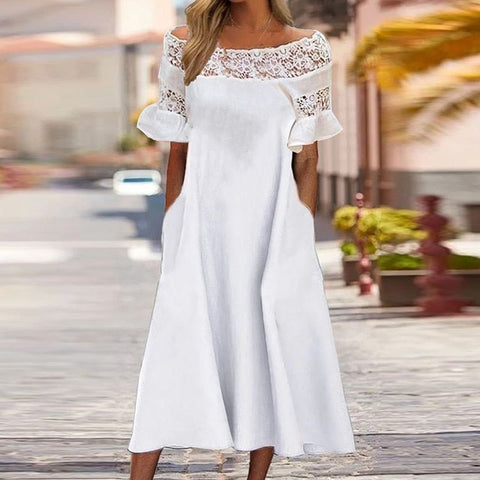 Off Shoulder Floral Print Lace Beach Dress Women Slash Neck Patchwork Short Sleeve Summer Fashion