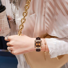 Rose Gold Leather Watch Women Luxury Quartz Elegant Casual Everyday Fashion Accessory