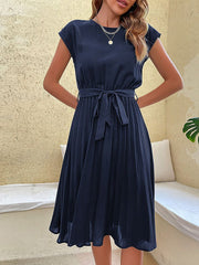 Pleated Short Sleeve Midi Dress Women Casual Beach Vacation Summer Sundress Fashion