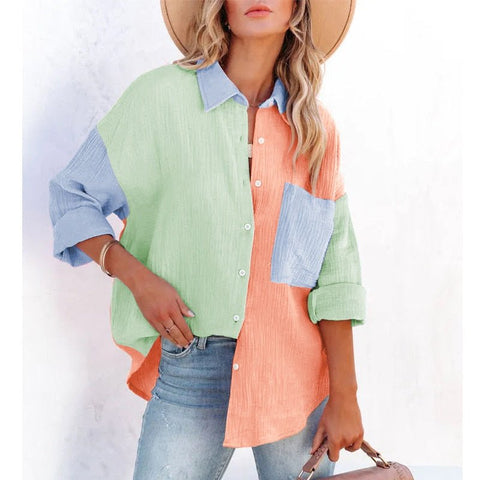 Patchwork Shirt Women Casual Chic Colorblock Everyday Spring Summer Fashion Top