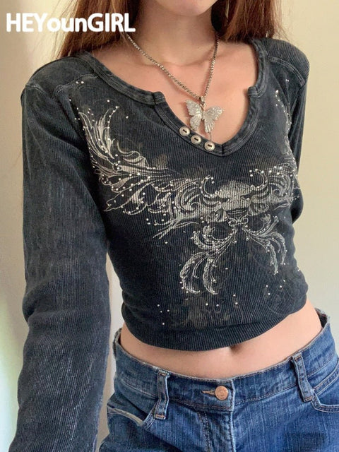 Y2K Retro Print Crop Top Women Long Sleeve V-Neck Grunge Fairycore Streetwear Casual Fashion