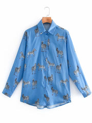 Women's Long Sleeve Animal Print Satin Blouse