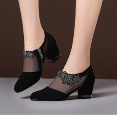 Mesh Pointed Toe Med Heel Shoes Women Breathable Thick Heel Zipper Casual Fashion