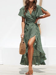 Floral Print Chiffon Boho Maxi Dress Women Long Ruffle Hem Casual Beach Vacation Summer Fashion