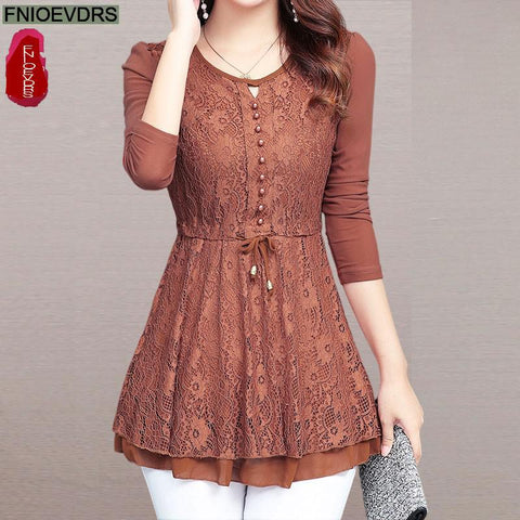 Long Sleeve Tunic Blouse Women Elegant Patchwork Sheer Design Long Top Casual Fashion