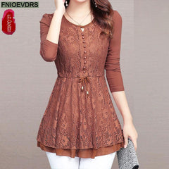Long Sleeve Tunic Blouse Women Elegant Patchwork Sheer Design Long Top Casual Fashion