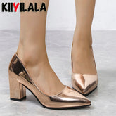 Women's Shiny Pumps Pointed Toe Shoes Champagne Gold Chunky Heels Shoes