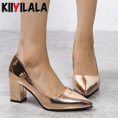 Chunky Heel Shiny Pumps Women Pointed Toe Champagne Gold Elegant Casual Fashion Shoes