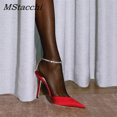 Women's High Heel Pumps Rhinestone Chain Ankle Strap Shoes