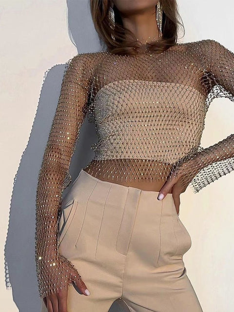 Rhinestone Fishnet Top Women Crystal Diamond Mesh Sparkling Sheer Long Sleeve Party Fashion