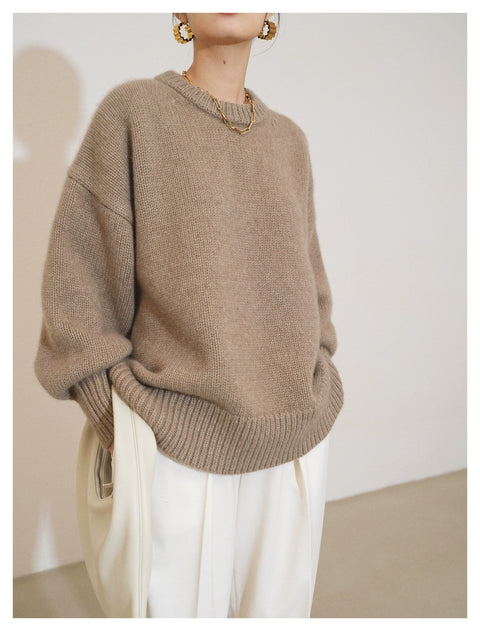 Cashmere Sweater Women European Round Neck Loose Knit Base Pullover Elegant Winter Fashion Top