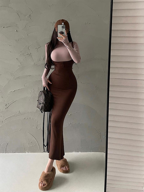 High Waist Fishtail Maxi Dress Women Long Sleeve Hip Strap Stylish Elegant Fashion Dress